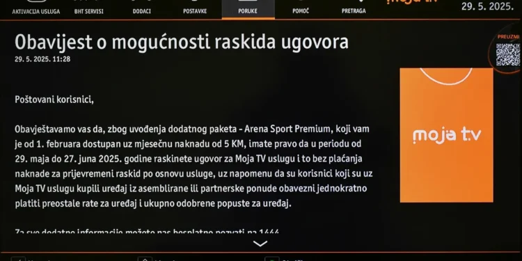 BH Telecom: Korisnici usluge Moja TV mogu bez naknade raskinuti ugovor zbog uvođenja dodatnog paketa